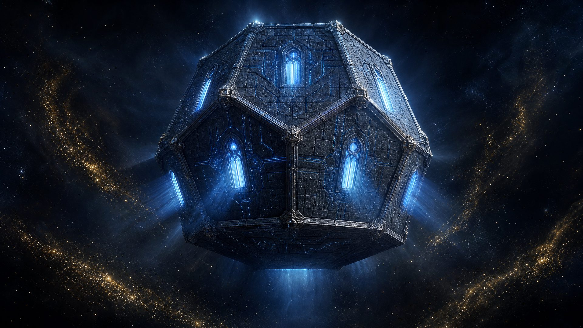 A dodecahedral fortress of granite and circuitry floating in dark void, six of its twelve faces lit from within.